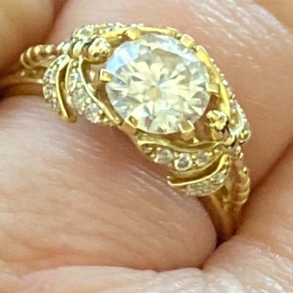10kt yellow gold and moissanite dragonfly ring.